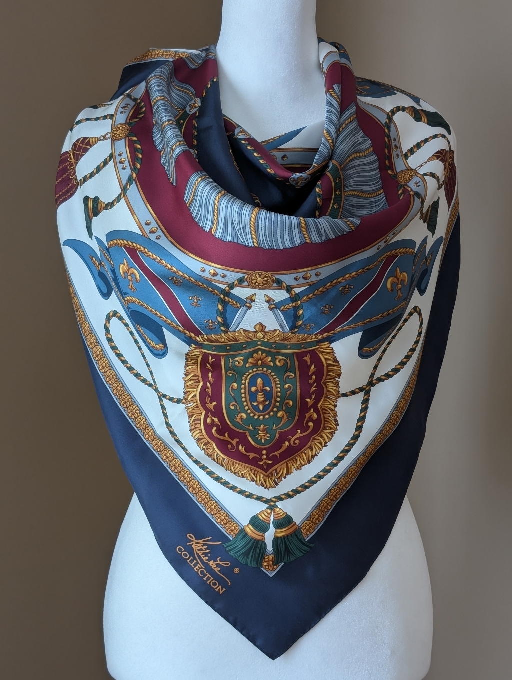 Kathie Lee Collection Silk Scarf Burgundy Blue Gold Square 100 Silk